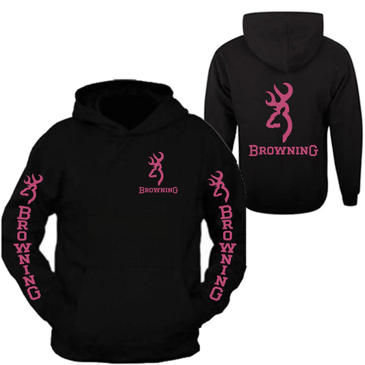 Pink Browning Pocket Design Black Hoodie Hooded Sweatshirt Front & Back