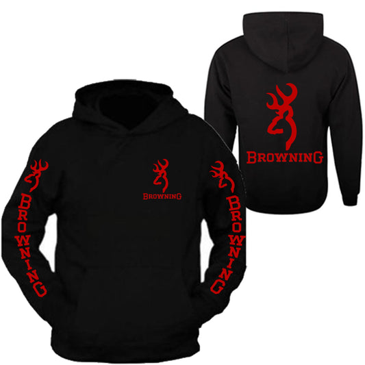 Red Browning Pocket Design Black Hoodie Hooded Sweatshirt Front & Back