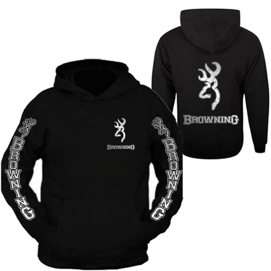 Silver Browning Pocket Design Black Hoodie Hooded Sweatshirt Front & Back