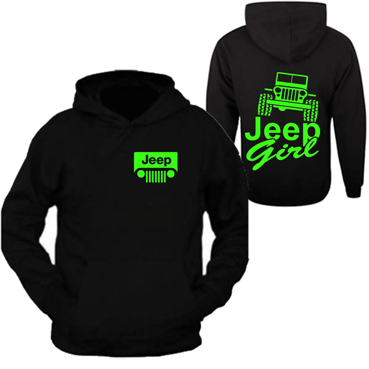 Neon green  jeep girl Hooded Black Sweatshirt 4x4 /// Off Road