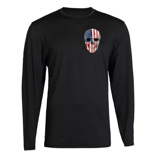 American SKULL Tee Patriotic Merica USA Pride Flag Front Long Sleeve Tee