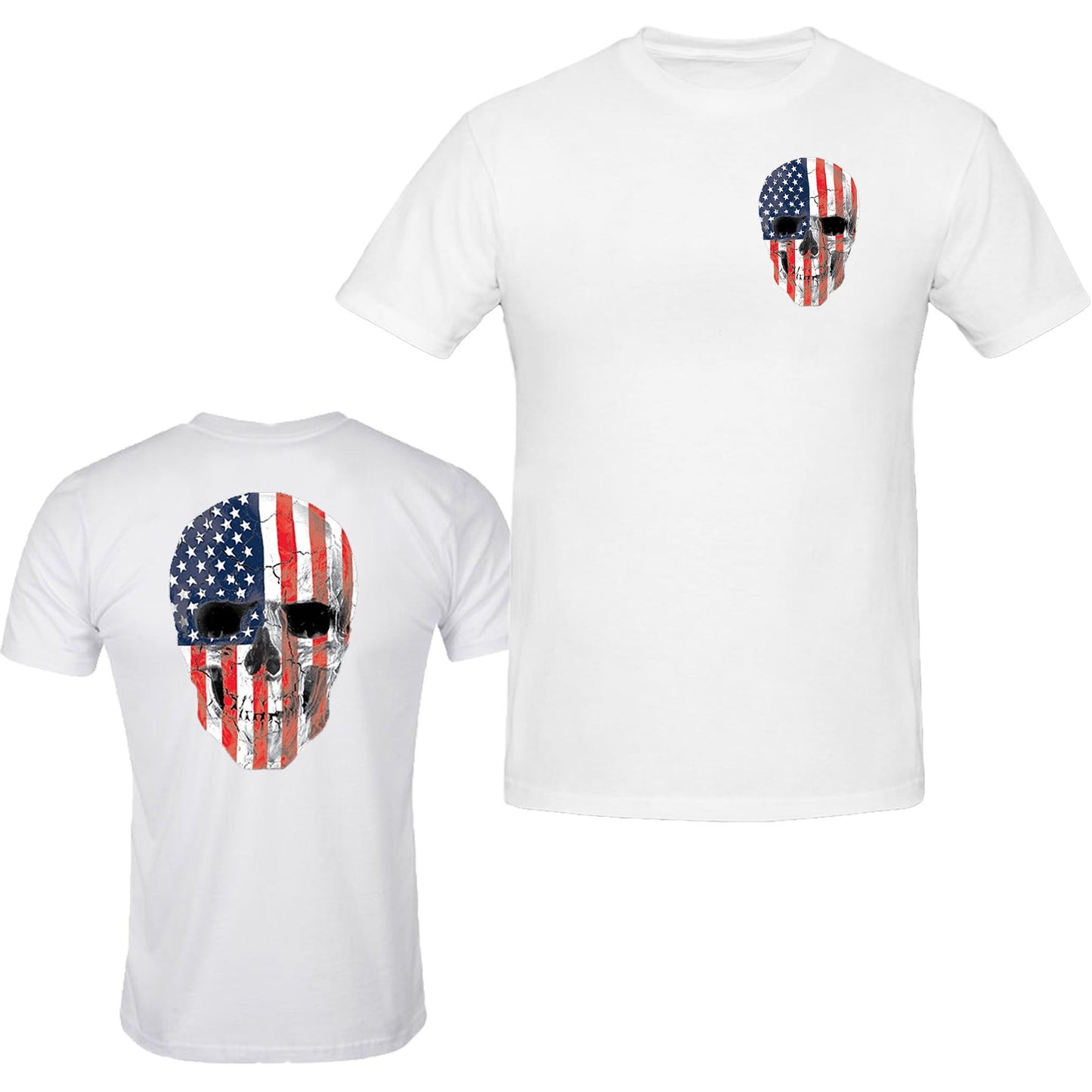 American SKULL T-Shirt Tee Patriotic Merica USA Pride Flag Front & backTee