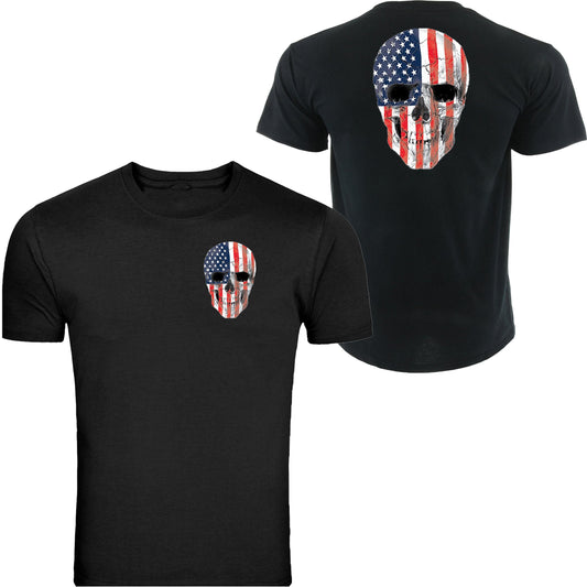 American SKULL T-Shirt Tee Patriotic Merica USA Pride Flag Front & backTee