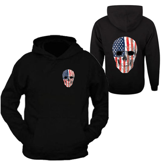 American SKULL Hoodie Tee Patriotic Merica USA Pride Flag Front & back