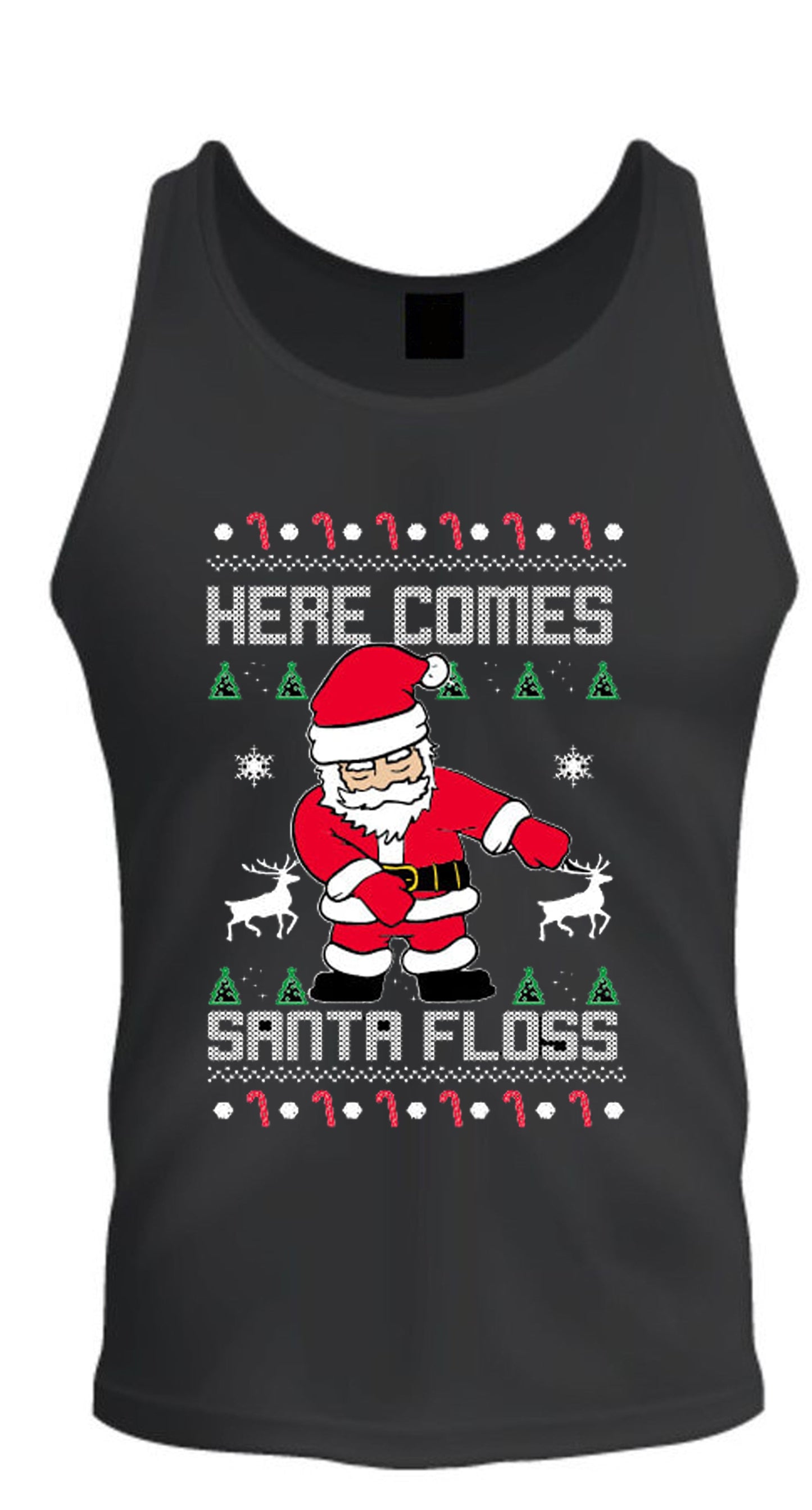 Christmas Tee Here Comes Santa Floss Ugly Christmas Tee S -2XL Black Tank Top