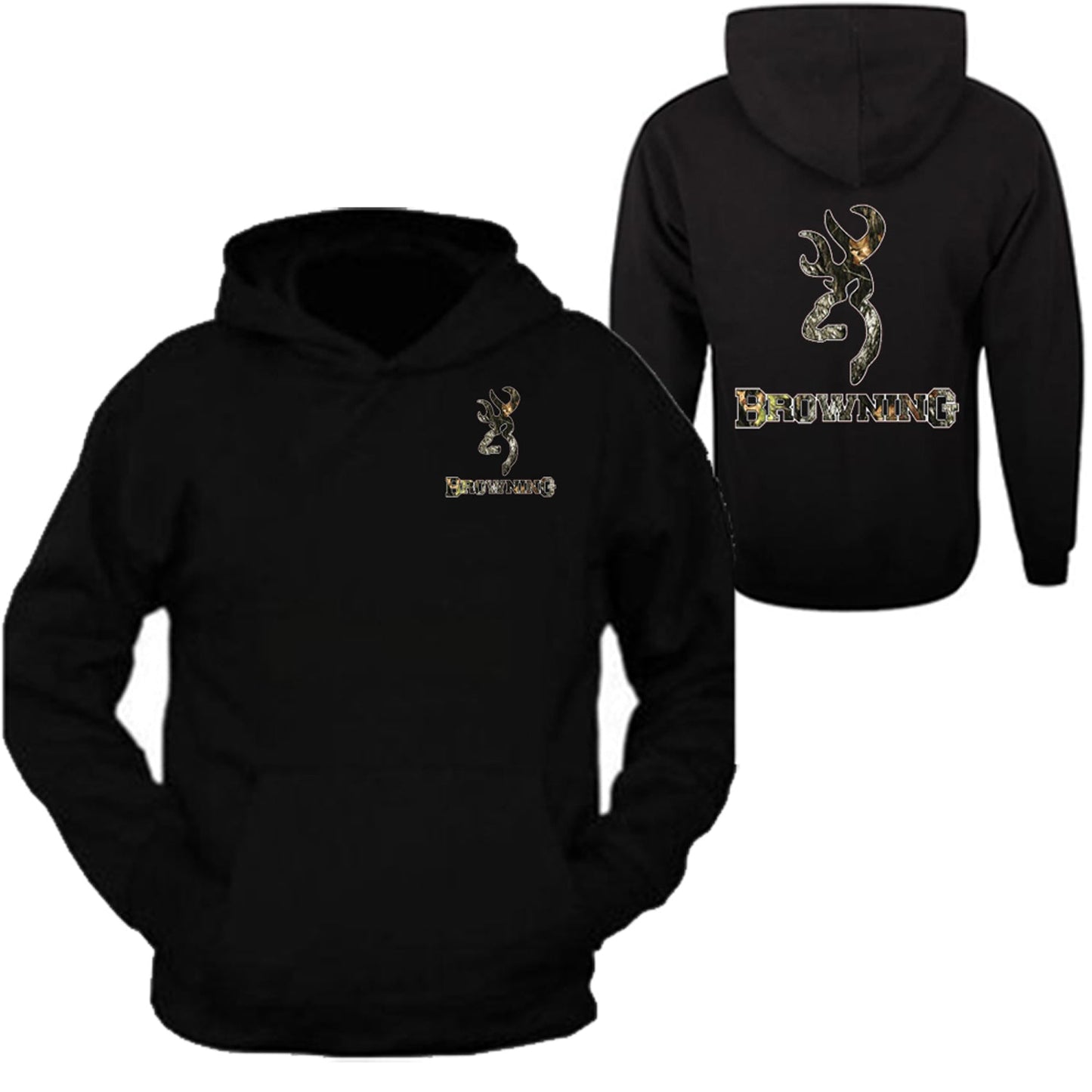 Browning Pocket Design Black Hoodie Hooded Sweatshirt Front & Back