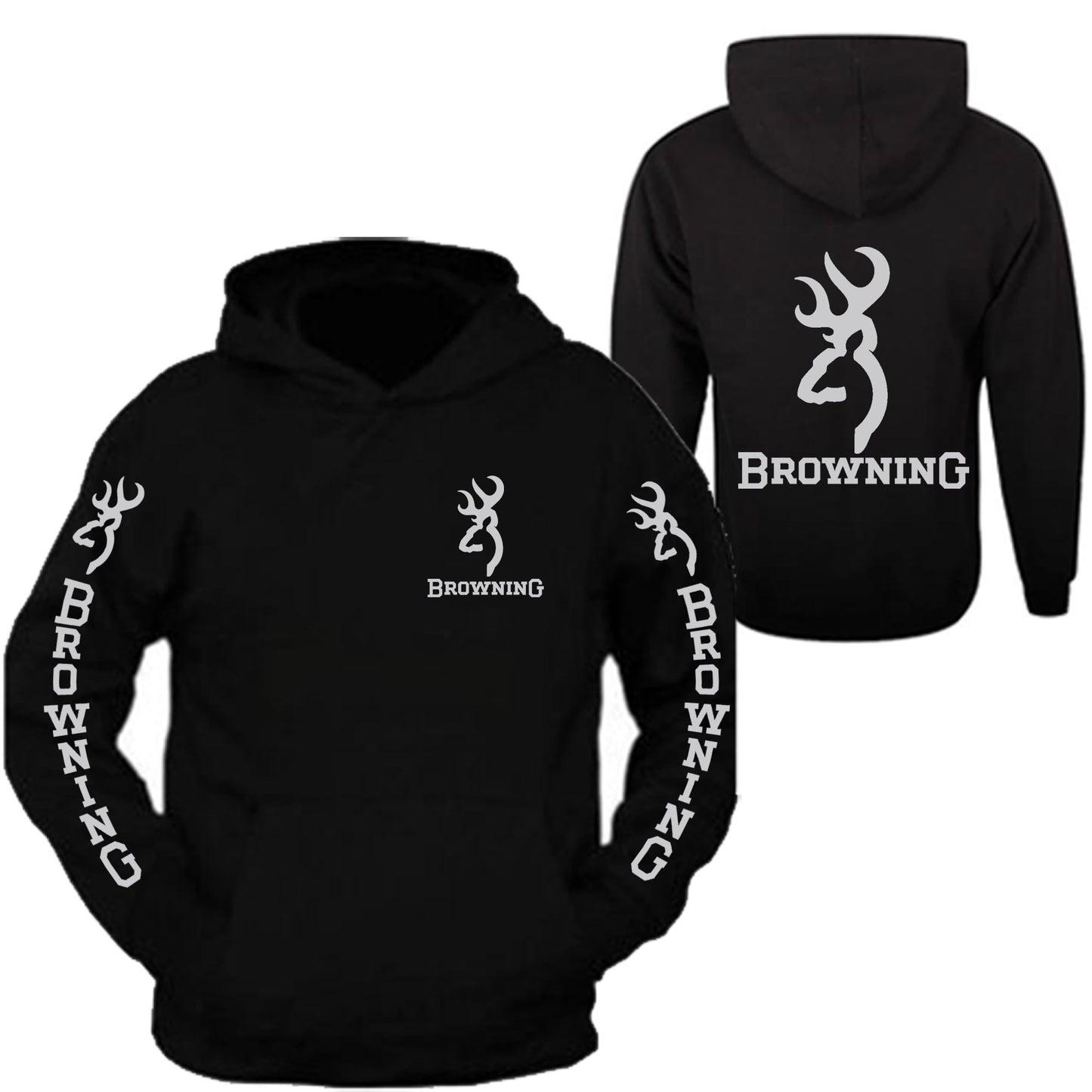 Browning Pocket Design Black Hoodie Hooded Sweatshirt Front & Back