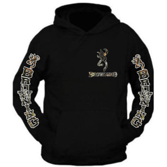 Browning Pocket Design Black Hoodie Hooded Sweatshirt Front and sleeve S-5XL