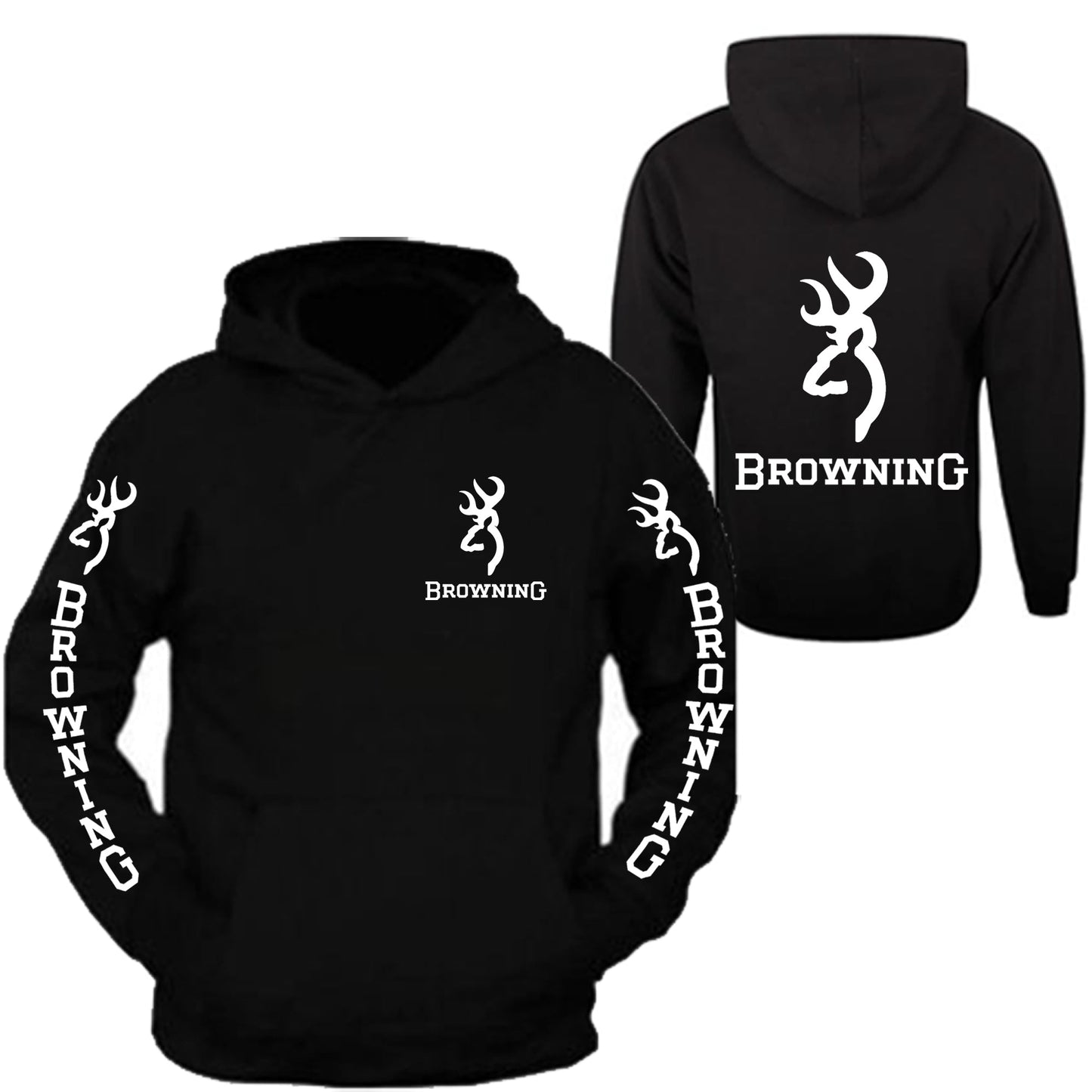 White Browning Pocket Design Black Hoodie Hooded Sweatshirt Front & Back