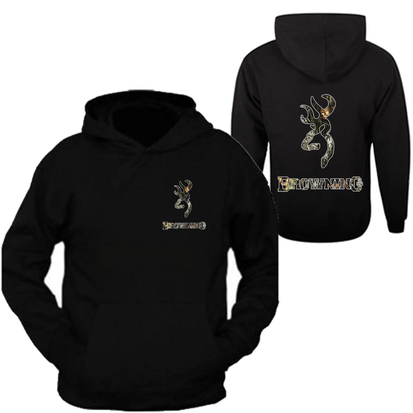 Browning Pocket Design Black Hoodie Hooded Sweatshirt Front & Back