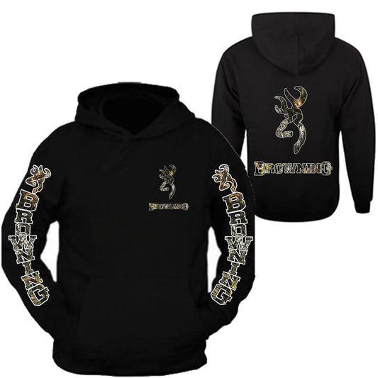 Browning Pocket Design Black Hoodie Hooded Sweatshirt Front & Back