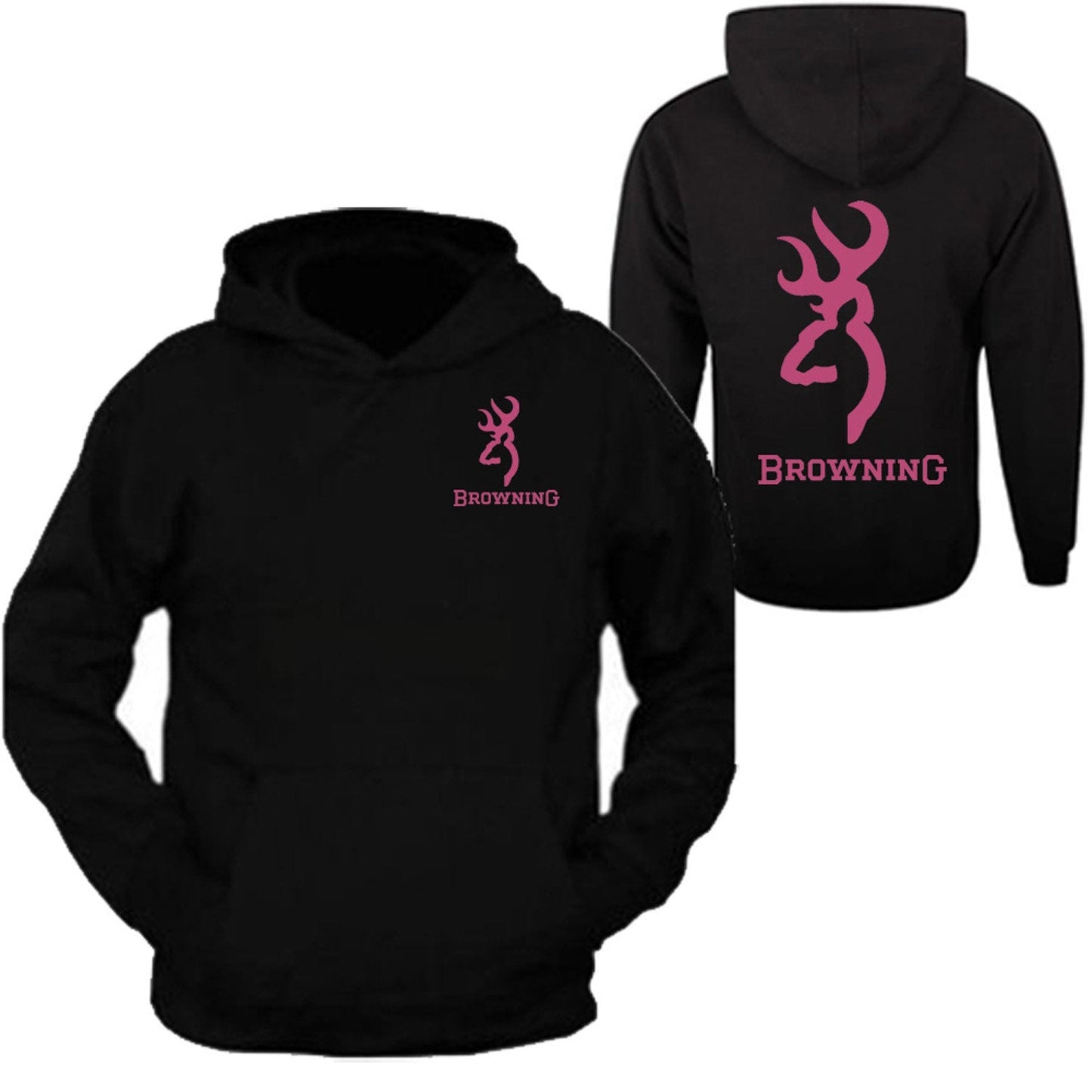 Pink Browning Pocket Design Black Hoodie Hooded Sweatshirt Front & Back