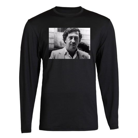 Pablo Escobar Smiling Mug Shot Adult Mens Pablo Escobar Plug Tee Plata o Plomo Columbian Drug Lord Medellin Long Sleeve Tee