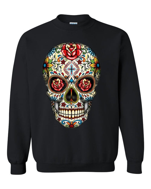 Sugar Skull Roses Eyes Day of The Dead Mexican Gothic Los Muertos  Unisex Black Crewneck Sweatshirt Tee